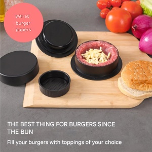Set presa pentru burgeri, Intrend, 3 in 1, 6 piese, forma si presa, cu maner, din aluminiu, baza antiaderenta, 60 de foi hartie de copt, 30x40 cm, usor de curatat, negru - Img 4