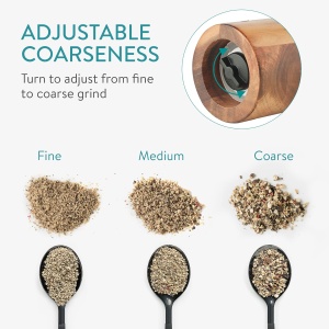 Set rasnite sare si piper Navaris, cu suport, mecanism ceramic ajustabil, 20.5 x 5, 5 cm, din lemn de acacia, Maro - Img 3