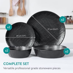 Set Vesela din Ceramica Premium, Navaris, 8 piese, pentru 2 persoane, design texturat, modern, rezistent, compatibil cu masina de spalat si cuptor, Negru - Img 4