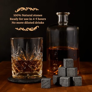 Set Whisky Premium Gourmeo, cu 2 Pahare cristal, 8 Cuburi din Granit Natural si Cleste, 2 suporturi pentru pahar, Cadouri Barbati, Accesorii Bar - Img 5