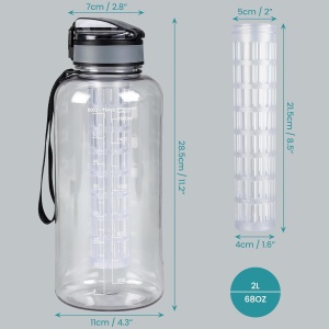 Sticla sport pentru apa Belle Vous, cu infuzor fructe, 2L, pai si capac rabatabil, marcaje motivationale timp, antiscurgere, 11 x 28.5 cm, Transparent - Img 6