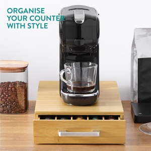 Suport 60 capsule de cafea Navaris, din bambus, 38.5 x 23.5 x 6 cm, compatibil cu Nespresso, tip sertar, Maro - Img 6