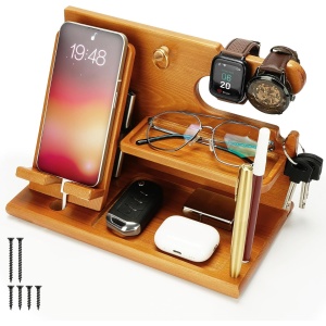 Suport de birou Belle Vous, organizator multifunctional, pentru telefon, ceas, ochelari, 26.5 x 15 x 18.5 cm, Maro deschis