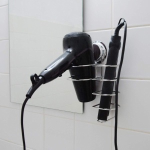 Suport de perete Navaris, pentru uscator de par si placa, montare cu ventuza fara gaurire, 25 x 15.5 x 10.5 cm, inox, organizator baie, Argintiu - Img 6