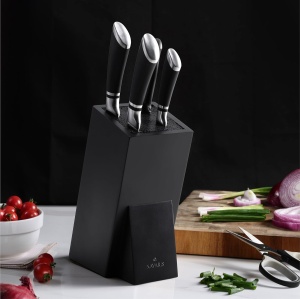 Suport pentru cutite Navaris, 25 x 15 x 10.5 cm, din bambus, perii din plastic detasabili, antiderapant, universal, Negru - Img 6