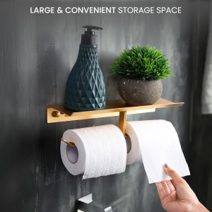 Suport pentru hartie igienica Belle Vous, raft pentru telefon, din aluminiu, 28 x 10 x 6.5 cm. Auriu - Img 2