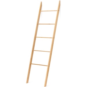 Suport pentru prosoape Navaris, tip scara, din bambus, 5 trepte, 170 x 50 cm, Maro - Img 6