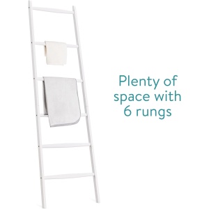 Suport pentru prosoape Navaris, tip scara, din bambus, 6 trepte, 170 x 56 cm, Alb - Img 5