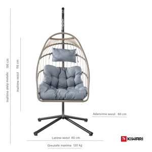 Balansoar suspendat tip cuib Kiwari® Zen, cuib 60 x 80 x 116 cm, suport metalic 200 cm cu baza stabila cu patru picioare, plastic rezistent, leagan relaxare pentru casa/gradina/terasa/balcon, Negru - Img 6