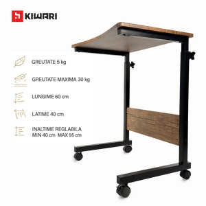 Birou mobil Kiwari® Trek, 60×40×95 cm, 5 kg, MDF/Metal/PVC, suporta 30 Kg, Maro/Negru - Img 3