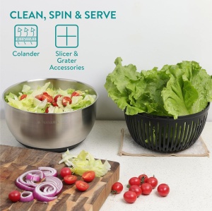 Bol multifunctional Navaris cu centrifuga pentru salata, 5 discuri interschimbabile pentru feliere si razuire, sita inclusa, inox, baza antiderapanta, Argintiu - Img 7