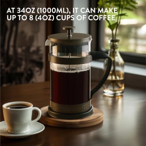 Cafetiera French Press Navaris, sticla borosilicata si inox, 1L, pentru cafea si ceai, 15,8x11x21cm - Img 6