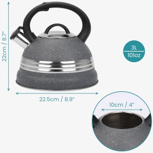 Ceainic fluierator, Belle Vous, din otel inoxidabil, 3 L, maner rezistent la caldura, 22.5 x 22 cm, compatibil cu toate tipurile de plita, Gri/Argintiu - Img 5