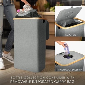 Cos pentru reciclare BELLE VOUS, capacitate 80L, poliester, 43 x 33 x 70 cm, pliabil, capac cu orificiu, sac integrat, multifunctional, Gri - Img 6