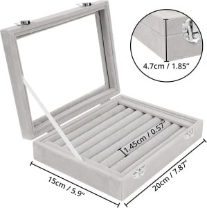 Cutie organizatoare pentru bijuterii Kurtzy, 7 compartimente pentru inele, capac din sticla, interior catifea, inchidere cu capse metalice, 20 x 15 x 4.7 cm, Gri - Img 6