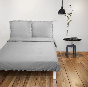 Lenjerie de pat JEMIDI, 3 piese, pentru 2 persoane, din bumbac 100%, 220 × 240 cm, cu 2 fete perna 80 × 80 cm, design elegant cu volane, Gri