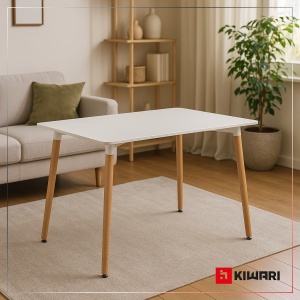 Masa Dining Kiwari® Alva, Blat MDF, Picioare Lemn Fag, Design Modern Bucatarie/Living, 120x80 cm, Capacitate 4–6 Persoane, Alb - Img 5