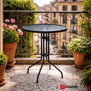 Masa rotunda Kiwari® Bistro, diametru 76cm, inaltime 100 cm, Metal si Blat din sticla, 2 Persoane, Gradina/Terasa/Balcon, Gri - Img 3