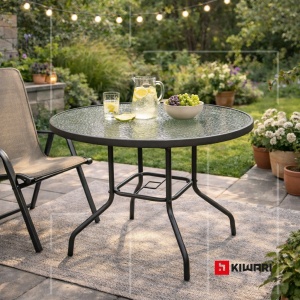 Masa Rotunda Kiwari® Porto, Blat din sticla, Diametru 90 cm x Inlatime 71 cm, 4 Persoane, Gradina/Terasa, Gri - Img 2