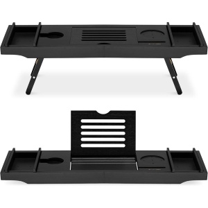 Masuta extensibila pentru cada Navaris, din bambus, 75–108 cm, masuta de servire la pat, cu suport pentru carte, tableta si pahar, Negru - Img 2