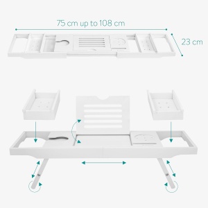 Masuta extensibila pentru cada Navaris, din bambus, 75–108 cm, masuta de servire la pat, cu suport pentru carte, tableta si pahar, Alb - Img 8