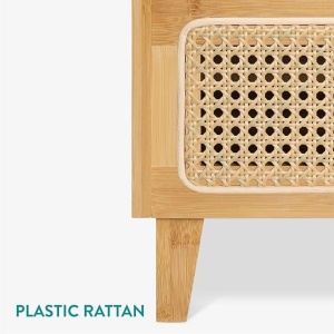 Noptiera din bambus Navaris, 40 × 42.5 × 49.5 cm, cu aspect de ratan, sertar, raft si blat din sticla, stil boho, Maro - Img 3