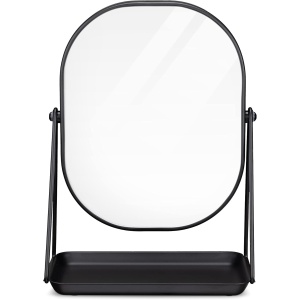 Oglinda cosmetica Navaris, rotativa 360°, ovala, cu baza metalica si tava pentru bijuterii, 18 x 28 cm, Negru