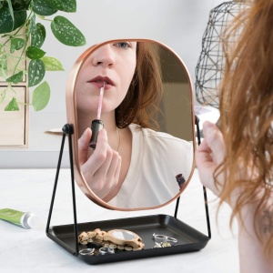 Oglinda cosmetica Navaris, rotativa 360°, ovala, cu baza metalica si tava pentru bijuterii, 18 x 28 cm, Negru/Bronz - Img 6