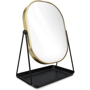 Oglinda cosmetica Navaris, rotativa 360°, ovala, cu baza metalica si tava pentru bijuterii, 18 x 28 cm, Negru/Auriu - Img 7