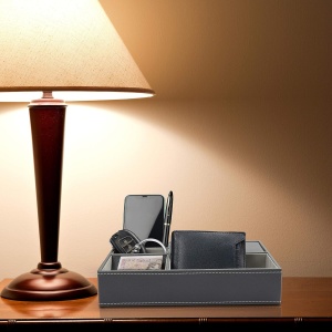 Organizator Belle Vous pentru birou/noptiera, 5 compartimente, piele ecologica gri, 26x18.7x5.3cm - Img 4