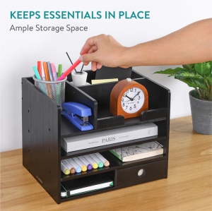 Organizator birou cu sertare Navaris, 33x24x26 cm, auto-asamblare, negru, bambus - Img 5