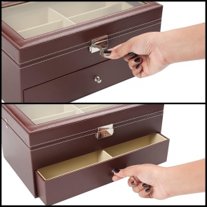 Organizator ochelari Kurtzy, 33.5 x 19 x 15.2 cm, 12 compartimente, 2 niveluri cu sertar, piele ecologica, capac sticla, Maro - Img 4