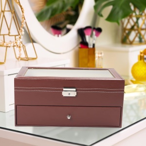 Organizator ochelari Kurtzy, 33.5 x 19 x 15.2 cm, 12 compartimente, 2 niveluri cu sertar, piele ecologica, capac sticla, Maro - Img 6