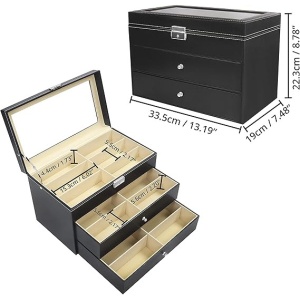 Organizator ochelari Kurtzy, 33.5 x 19 x 22 cm, 18 compartimente, 3 niveluri cu 2 sertare, piele ecologica, capac sticla, Negru - Img 5