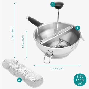 Presa manuala pentru pasat Navaris, pentru piure de fructe si legume, 27.5 x 25.5 x 17.5 cm, din otel inxodabil, 2.3 L, 4 discuri, Argintiu - Img 4