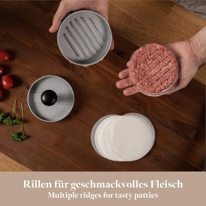 Presa pentru burger GOURMEO, aluminiu, antiaderent, diametru 11 cm, Argintiu, cu 50 foi de hartie de copt - Img 4
