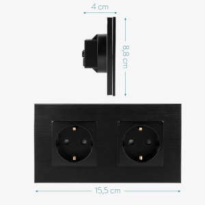 Priza dubla Navaris, inacastrabila, cu rama din aluminiu, 15.5 x 8.8 cm, design elegant, 4000W, Negru - Img 2
