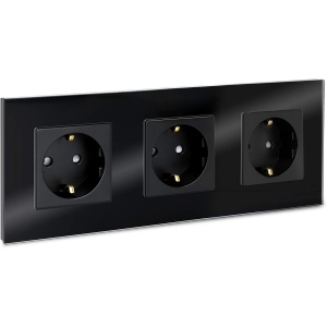 Priza tripla Navaris, inacastrabila, cu rama din sticla, 22.8 x 8.5 cm, design elegant, 4000W, Negru