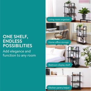 Raft depozitare Navaris, metal si lemn, 3 niveluri, design modern, 95 x 57 x 28 cm, pentru bucatarie, living sau birou, Negru - Img 3