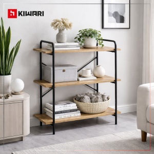 Raft Kiwari® Triv, 3 polite, 80×34×80 cm, MDF si Metal, Design Modern Industrial, Negru & Stejar - Img 2