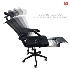 Scaun ergonomic de birou Kiwari® Zen, suport extensibil pentru picioare, spatar rabatabil 135°, tetiera, negru - Img 3