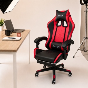 Scaun gaming Kiwari® Rush, suport pentru picioare, spatar rabatabil 135°, perne lombara si cervicala, negru/rosu - Img 5