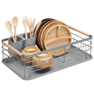 Scurgator de vase Navaris, 42.5 x 31.5 x 14 cm, din metal, manere din bambus, tava scurgere, suport detasabil pentru tacamuri, Gri