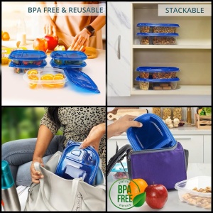 Set 10 caserole alimentare, FRESHLY CONTAINED, 3 compartimente, 780 ml, din plastic, fara BPA, capace etanse, reutilizabile, lavabile in masina de spalat vase, potrivite pentru cuptorul cu microunde si congelator, Albastru/Transparent - Img 2
