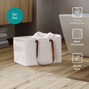 Set 2 cosuri de rufe pliabile Navaris, portabile, cu manere, 43.2 x 31 x 28 cm, pentru depozitare haine, jucarii, textile, Bej - Img 3
