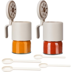 Set 2 recipient depozitare, Belle Vous, pentru condimente, din sticla, 350 ml, 10.5 x 13 cm, 4 ligurinte, capace etanse, fara BPA, Transparent/Bej