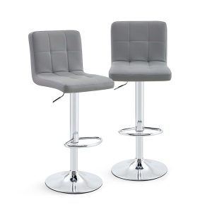 Set 2 Scaune Bar/Bucatarie Kiwari® Lior, Inaltime 59-79 cm, Sezut PU, Spuma si Baza Rotativa Crom, Design Modern Bucatarie/Dining, Capacitate 120 kg, Gri
