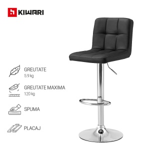 Set 2 Scaune Bar/Bucatarie Kiwari® Lior, Inaltime 59-79 cm, Sezut PU, Spuma si Baza Rotativa Crom, Design Modern Bucatarie/Dining, Capacitate 120 kg, Negru - Img 3