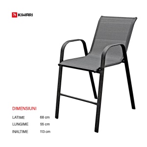 Set 2 Scaune Kiwari® Bistro, 55 x 68 x 113 cm, Metal / Poliester, Suprapozabile, Gradina/ Terasa/ Balcon, Gri - Img 6