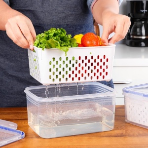 Set 3 caserole depozitare alimente Belle Vous, din plastic fara BPA, 3 dimensiuni, 850/1750/3300 ml, cu capac etans si cos scurgere, Transparent/Alb - Img 3